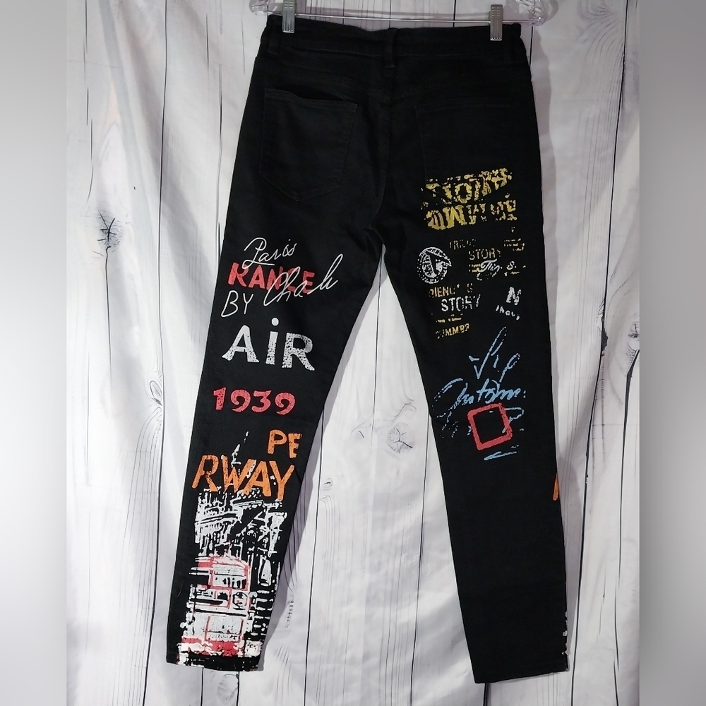 Graphic Paris Y2K Black Skinny Streetwear Grunge Edgy Punk Jeans - Picture 7 of 10